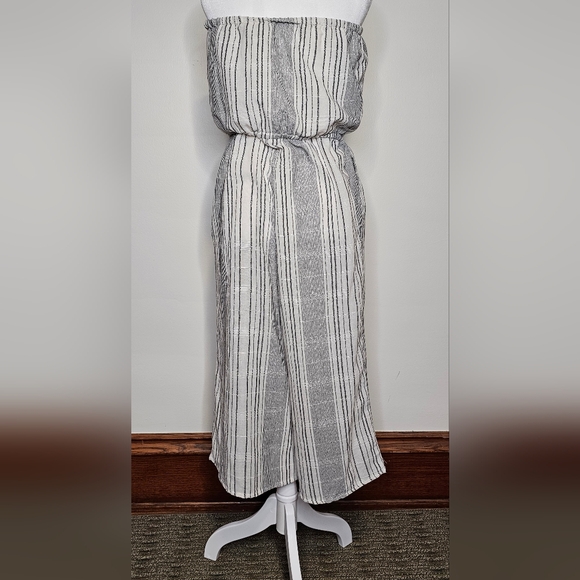 Strapless Linen Jumpsuit Belted Slip-On Wide Leg Short Romper Loose Jumper - Picture 1 of 10
